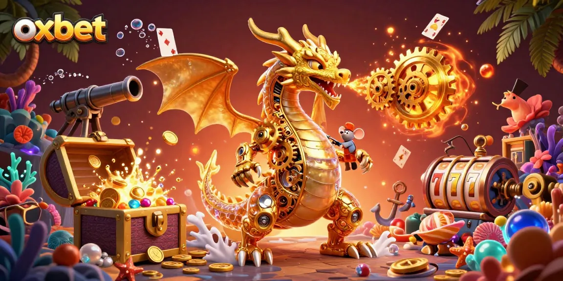 Experience excitement with the oxbet golden dragon breathing gears, surrounded by colorful casino elements.