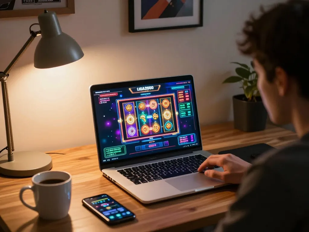 LIGA2000 player engaging in strategic online slots game from home setup.