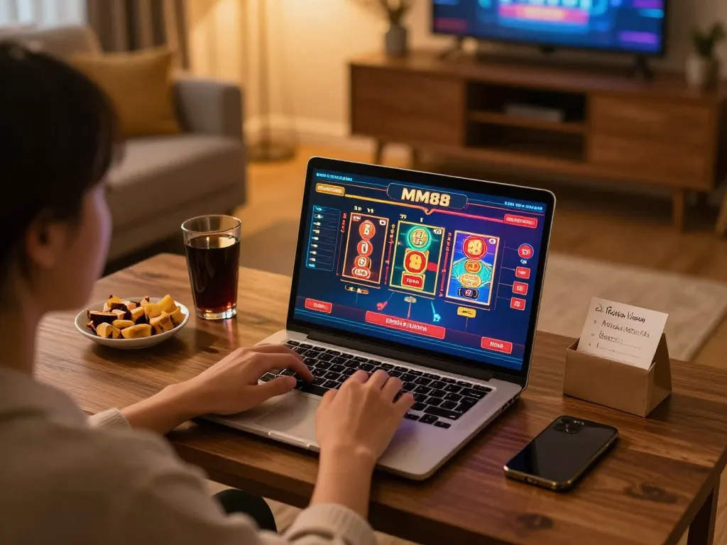 Engaged player using MM88 for online casino gaming on their laptop in a cozy home setup