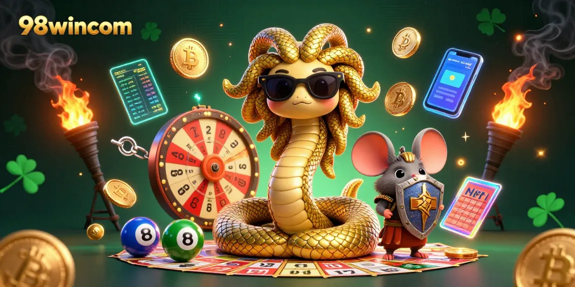 Join the fun with 98wincom's engaging lottery games amidst vibrant symbols and characters.