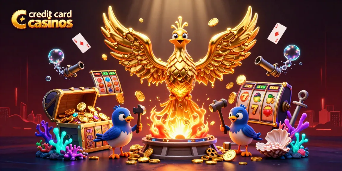 Engage with credit card casinos featuring a dazzling golden phoenix, slot reels, and vibrant underwater elements in a dynamic scene.
