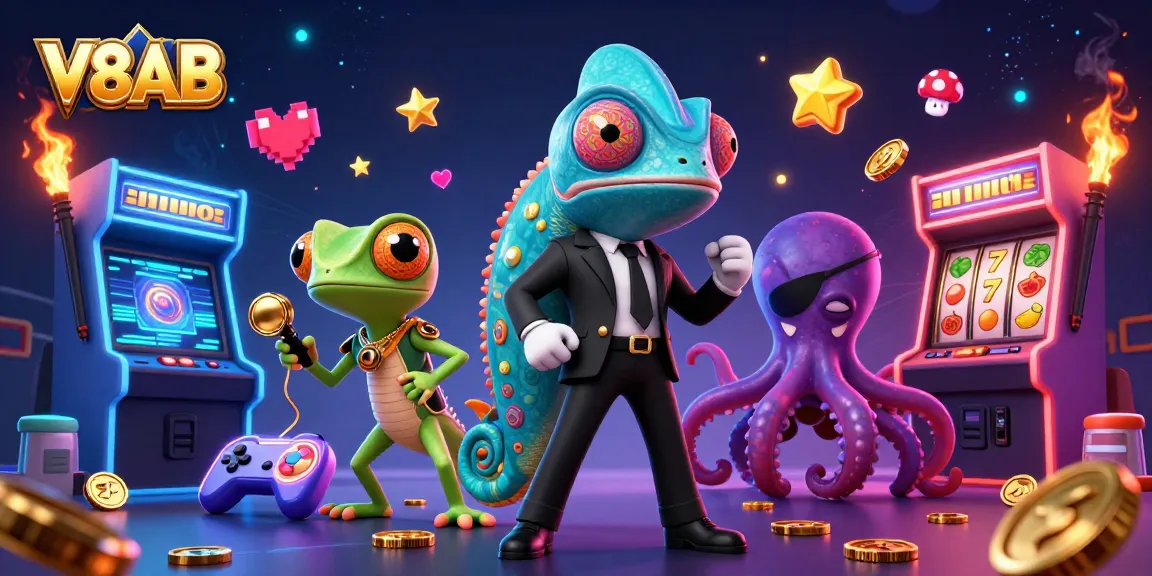 Engage with V8AB's vibrant casino world featuring colorful 3D elements and dynamic characters.