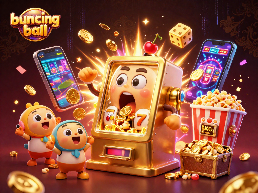 Bouncing ball slot machine celebrates a jackpot as gold coins pour out, showcasing casino excitement.