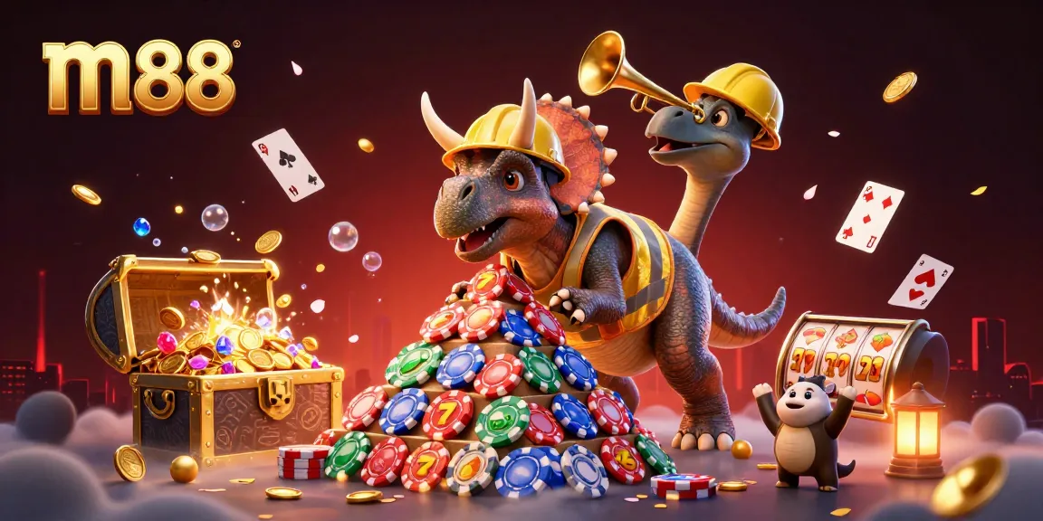 Experience excitement at m88 with a lively casino scene featuring animated characters and vibrant game symbols.