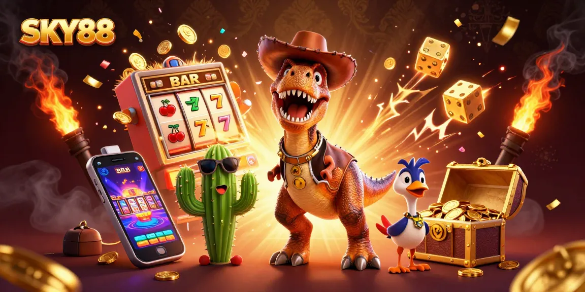 SKY88 offers thrilling jackpot action with cartoon dinosaur, cactus, and roadrunner in casino scene.