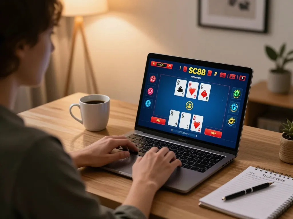 Engaging in live dealer games on SC88 showcasing strategic betting and a stylish home environment
