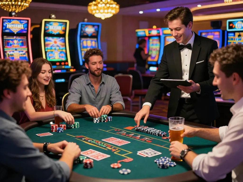 Excited players enjoying casino games with casino bonus sans depot offers, colorful chips, and lively atmosphere.