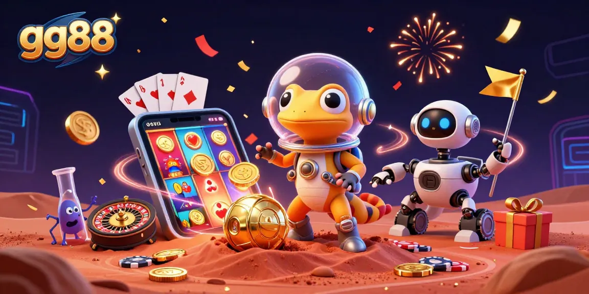 Engage with gg88's dynamic Martian casino scene featuring a gecko and vibrant slot games, creating excitement in gaming.