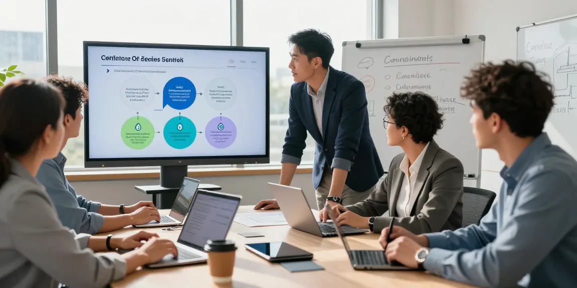 Team reviewing cyber essentials requirements in a modern office setting, emphasizing collaboration and cybersecurity compliance.