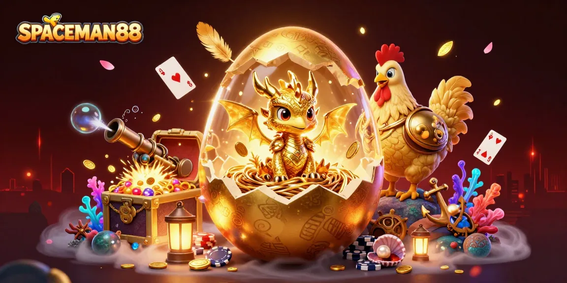 Experience SPACEMAN88's thrilling gameplay as a baby dragon reveals treasures among poker chips in this vibrant casino scene.
