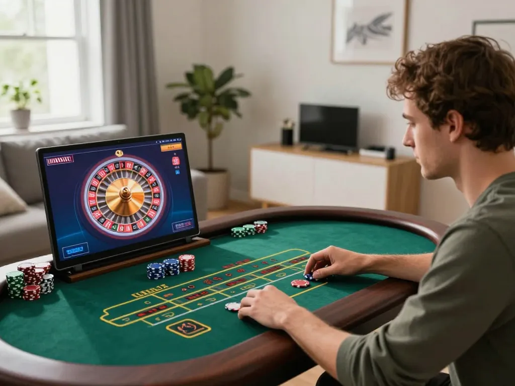 LC88 player engages intensely in a live dealer roulette game on laptop at home, showcasing online gambling excitement