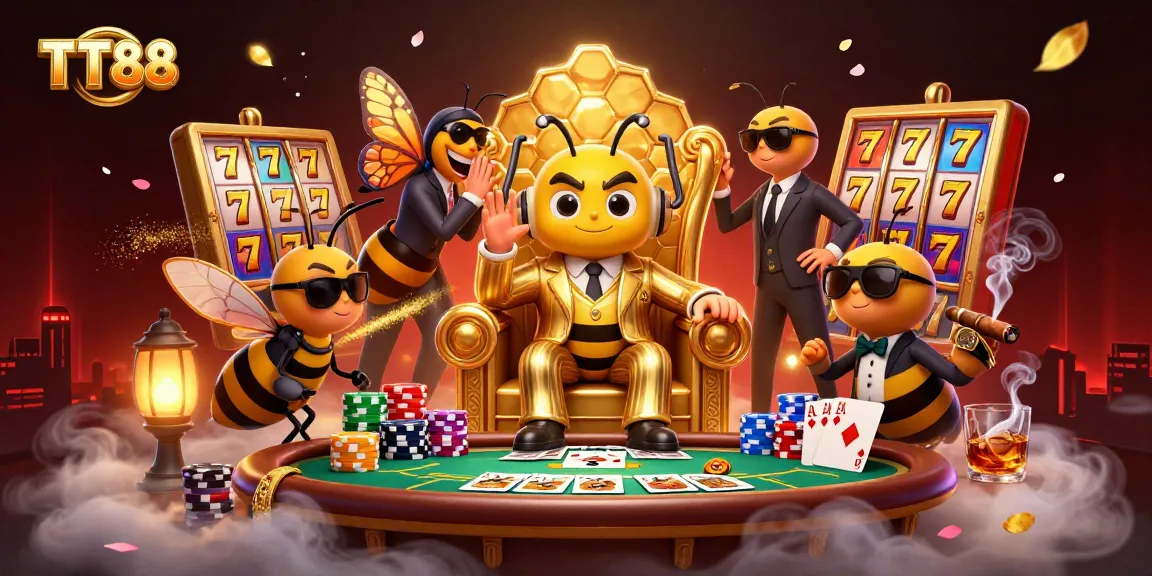 TT88 high-stakes gaming scene showcasing a lively bumblebee mob boss in a golden casino throne