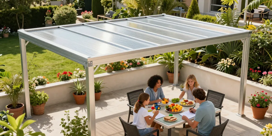 Moderne Terrassenüberdachung freistehend mit schöner Gartenlandschaft und Familie bei einem Picknick.