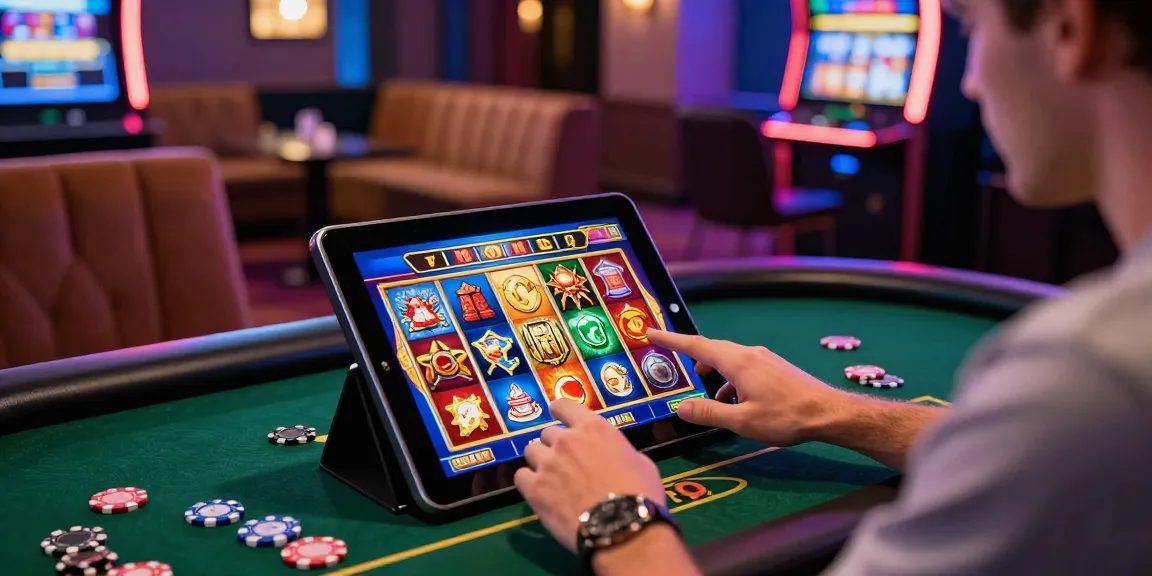 Player enjoying an engaging slot game on a digital tablet, with colorful graphics and vibrant casino atmosphere.