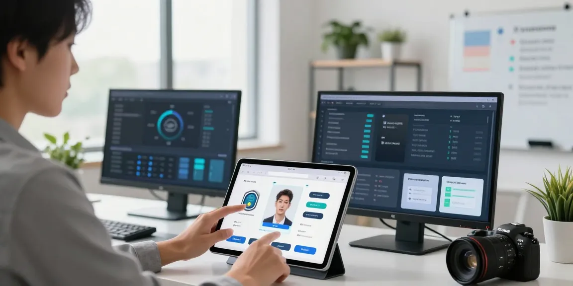 Modern age verification system interface in a high-tech workspace highlighting biometric scanning.