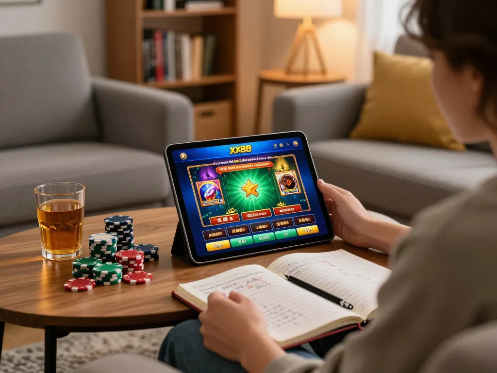 Engaging scene of a player using the xx88 online casino app on a tablet, showcasing a relaxed home atmosphere.