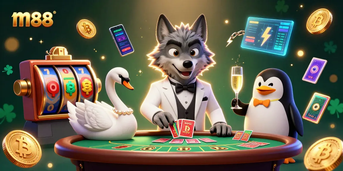 Engaging scene showcasing m88 with a debonair wolf and elegant swan at a baccarat table amidst vibrant casino elements.