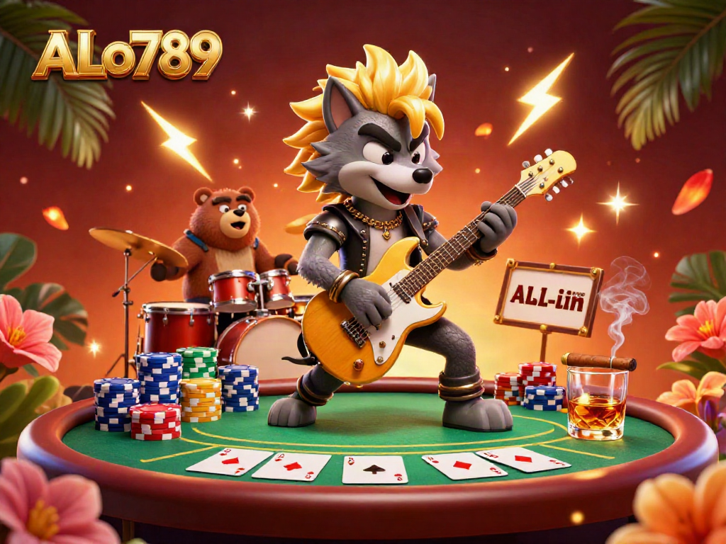 Experience the thrill of ALo789 as a rock star wolf electrifies the casino stage with poker elements and vibrant effects.