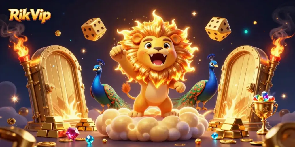 Engage with the vibrant Rik Vip casino experience, featuring a roaring lion amidst gleaming treasures.