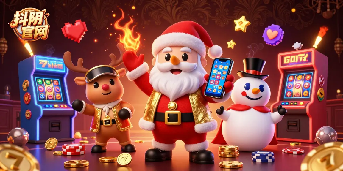 Engage with exciting games at 抖阴官网 featuring a vibrant casino scene with Santa and friends.