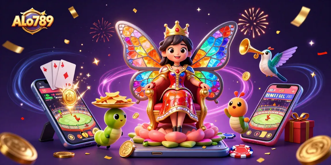 Experience thrilling cockfighting action with ALo789 as the vibrant butterfly queen reigns over a lively gambling scene.