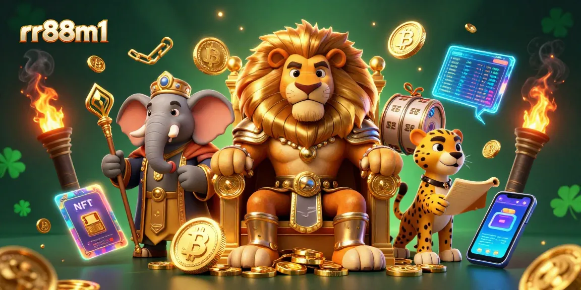 Engage with the rr88m1 casino experience, featuring rich visuals of lion king, elephant, and cheetah amidst vibrant game elements.