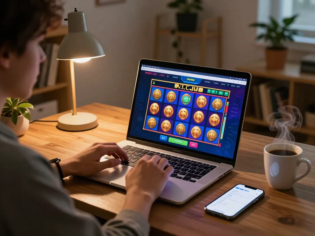 Engaging with 789CLUB slot games on a laptop in a cozy home setting, promoting responsible gaming.