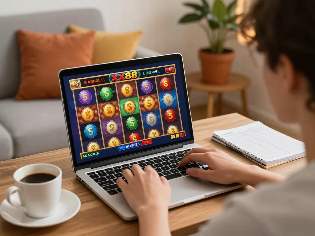 Playing xx88 slots online from home setup with engaging gaming interface and cozy atmosphere.