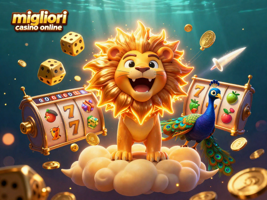 Scopri i migliori casino online con un leone solare e simboli delle slot in un'unica scena vibrante.