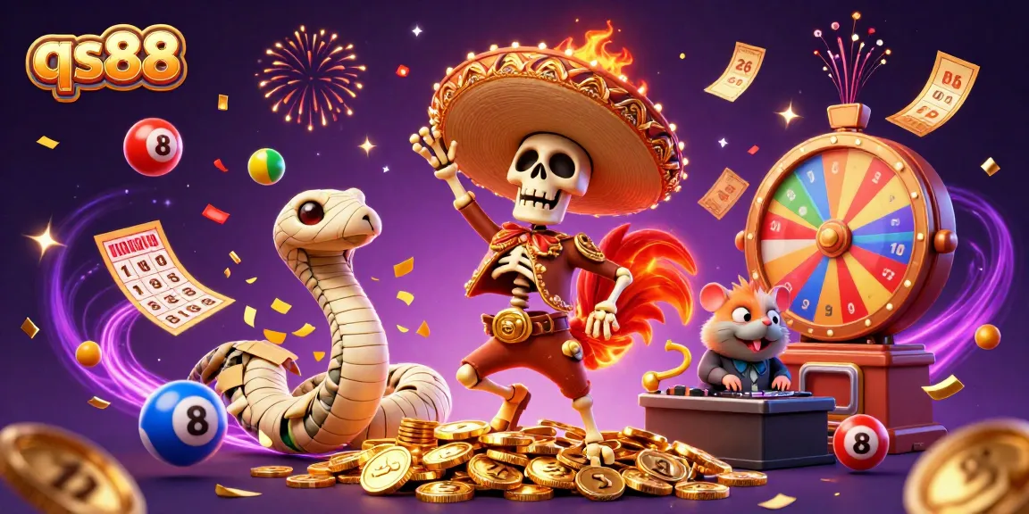 qs88 features a vibrant 3D casino celebration scene with animated characters and lottery elements.