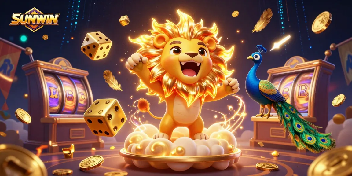 Engage with SUNWIN's thrilling gaming experience featuring a vibrant 3D illustration of a roaring sun lion and dynamic casino elements.