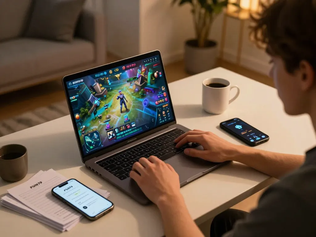 Engaging with the FUN79 game on a laptop, showcasing interactive online gaming experience.