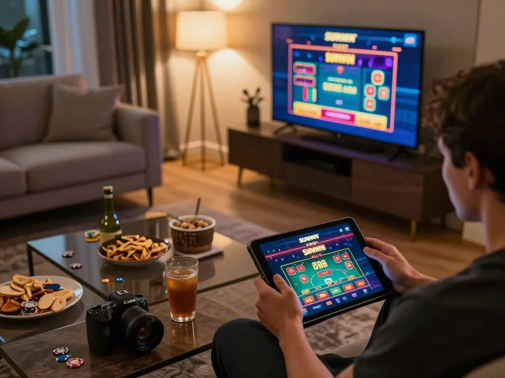 SUNWIN app displayed on tablet as a player enjoys online gaming in a cozy home setup