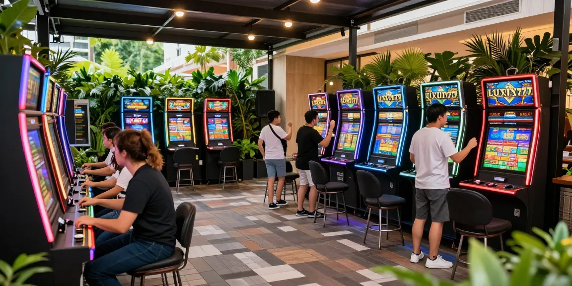 Pengunjung bermain di area hiburan LUXURY777 dengan mesin slot mewah, suasana penuh semangat dan keceriaan.