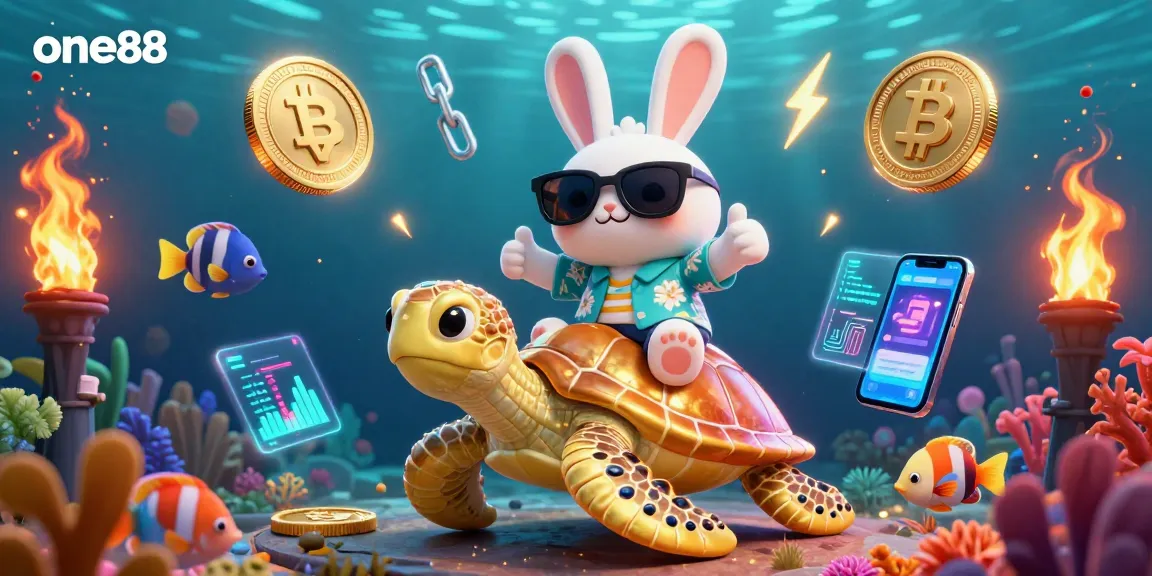 Engage in high-energy gaming with one88 through vibrant underwater 3D illustration featuring lucky rabbit and crypto elements.