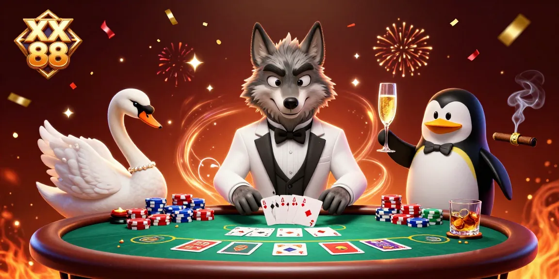 Experience the thrill of XX 88 with a wolf at the baccarat table, chips flying around.