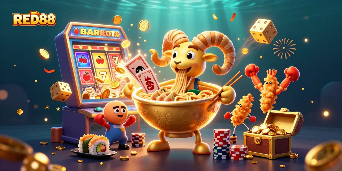 Engage with the fun at RED88, where a golden ramen bowl, sushi dealer, and gyoza sidekick celebrate a jackpot!
