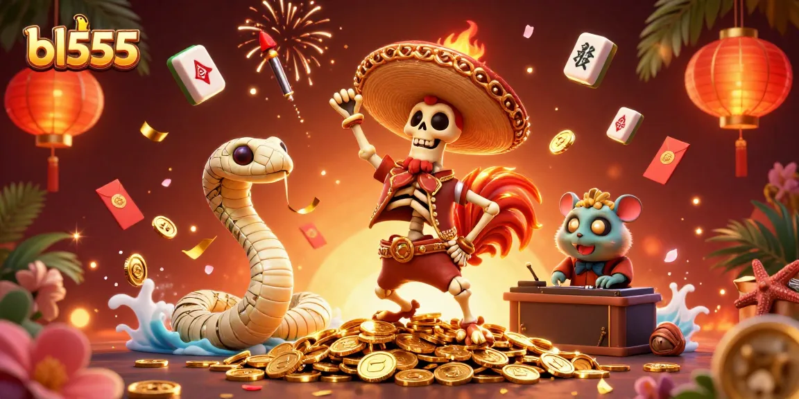 Experience winning thrills at bl555 with vibrant casino characters celebrating over golden coins.