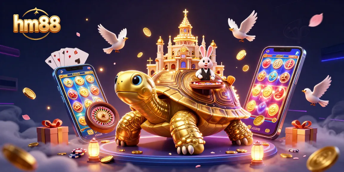 Experience the excitement of hm88 with dynamic gaming elements and a whimsical tortoise casino scene.