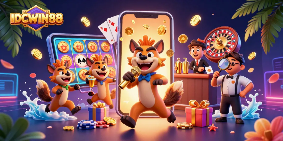 Experience vibrant comedy at IDCWIN88 casino with hyenas entertaining in a colorful slot game environment.