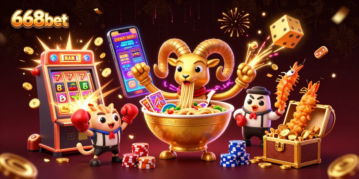 Engage in thrilling gameplay with 668bet's vibrant 3D casino illustration featuring exciting characters and game elements.