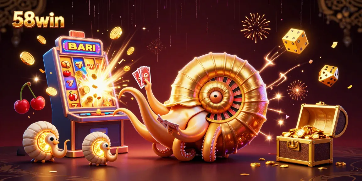 Experience the vibrant excitement of 58win with a giant nautilus as a roulette wheel amidst a jackpot explosion.