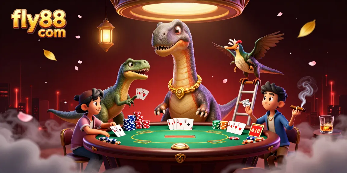 Experience excitement at fly88 com with a playful dinosaur and innovative poker action.