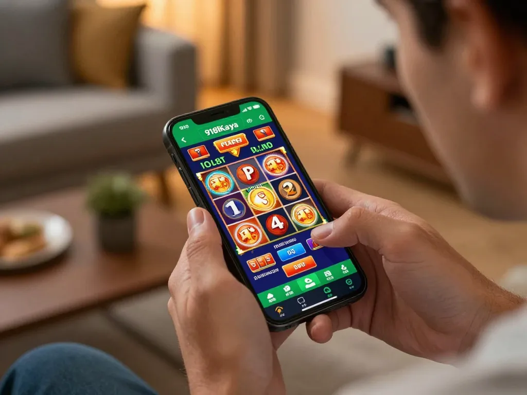 Engaged player exploring 918Kaya PNG slot games on smartphone, illustrating online gambling excitement