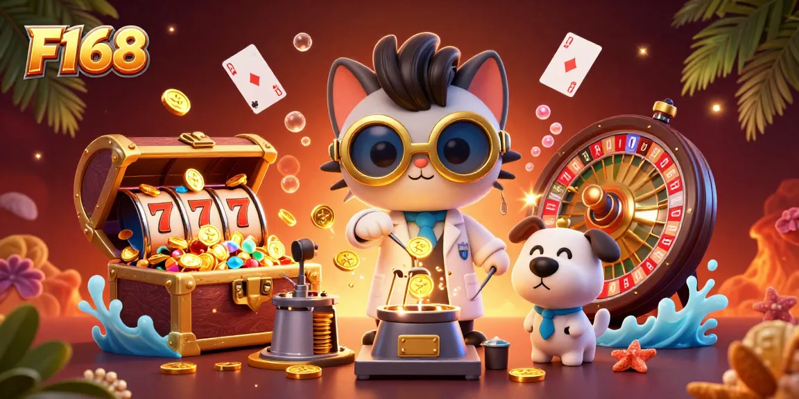 Experience thrilling action at F168 Casino with a mad scientist cat and gold coins exploding!