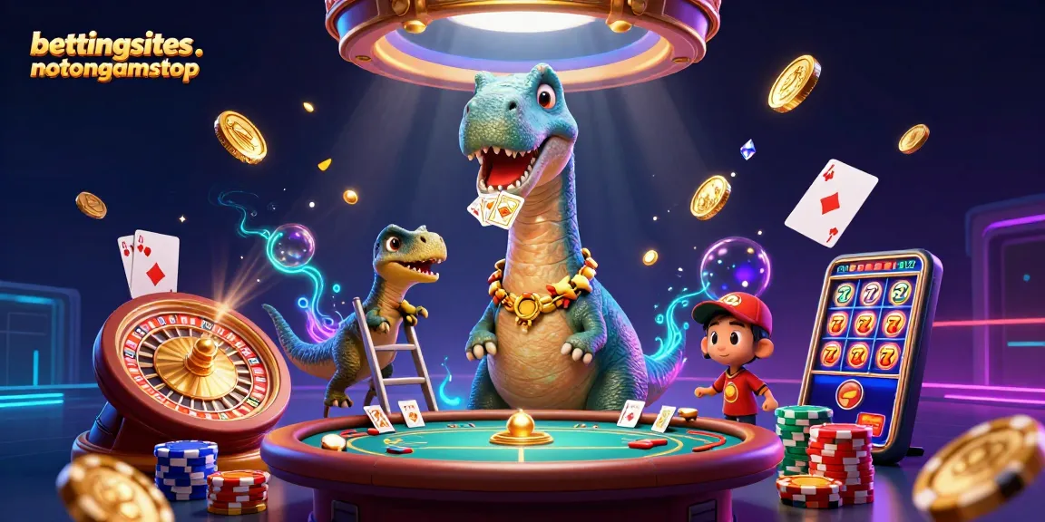 Engage with bettingsitesnotongamstop in a vibrant casino scene filled with animated dinosaurs and playful betting elements.