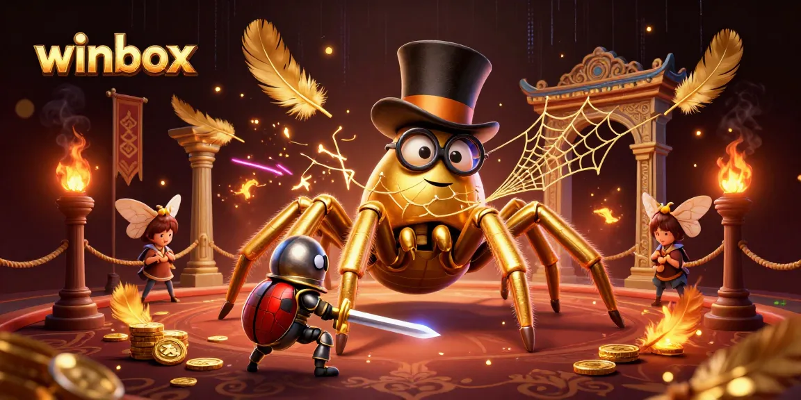 Engage with winbox in a vibrant casino scene filled with gold coins, a heroic beetle knight, and a golden tarantula.