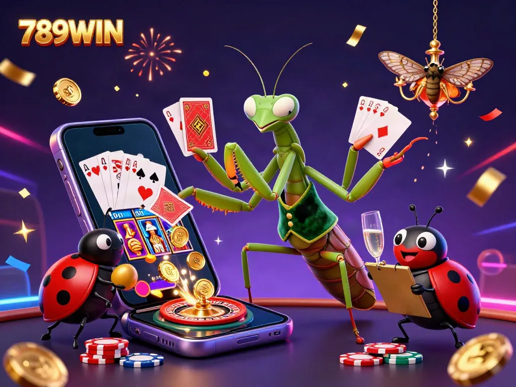 Experience the excitement at 789WIN with a vibrant scene of a 3D mantis card sharp and ladybug pit boss in action.