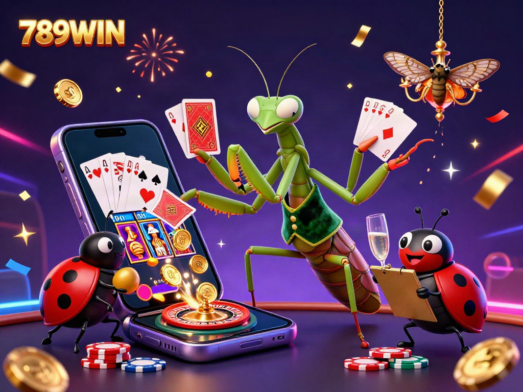 Experience the excitement at 789WIN with a vibrant scene of a 3D mantis card sharp and ladybug pit boss in action.