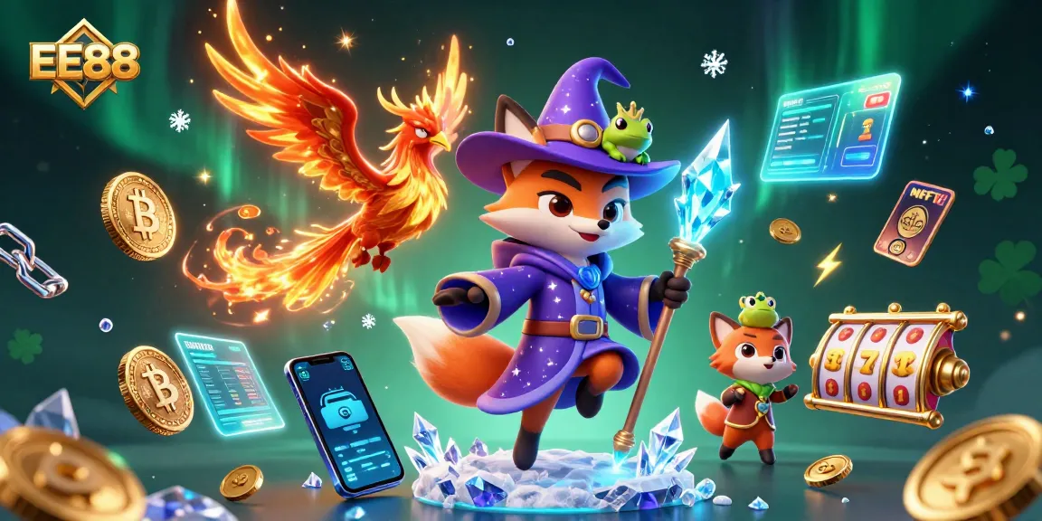 Join EE88 at an enchanting casino scene featuring a wizard fox, phoenix, and rich gaming elements.